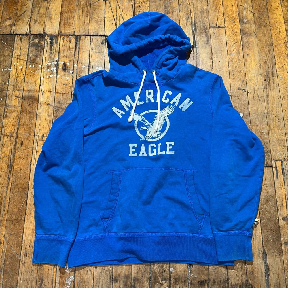 Vintage American Eagle Hoodie Men's Medium Blue Classic Fit Drawstring Pullover